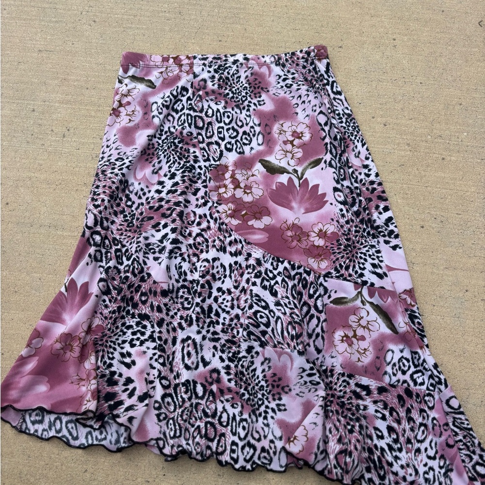 Susan Lawrence Pink Floral and Animal Print A-Line Skirt